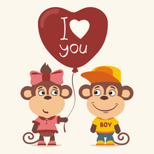 I Love You! Funny Monkey Girl Gives Balloon Heart For Monkey Boy. Greeting Card For Valentine's Day.