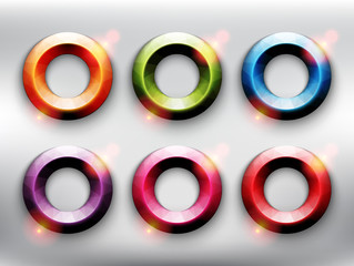 Wall Mural - Abstract vector web buttons set of 6. Low poly rings in 6 different colors. Isolated with realistic, transparent glass shine and shadow on the light background. Vector illustration. Eps10.