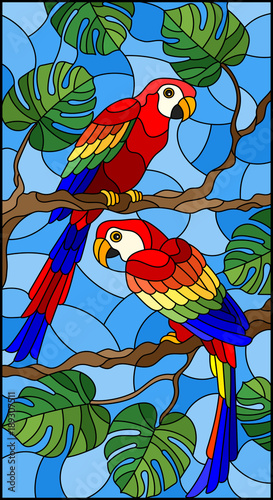 ilustracja-w-witrazu-stylu-z-para-ptakow-parakeet-na-galeziastym-tropikalnym