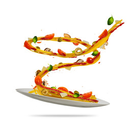 Wall Mural - Concept of flying food with plate and traditional italian pasta with vegetable.