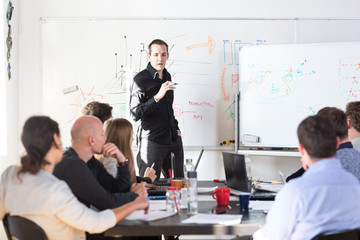 Wall Mural - Relaxed informal IT business startup company meeting. Team leaders discussing and brainstorming new approaches and ideas with colleagues. Startup business and entrepreneurship concept.