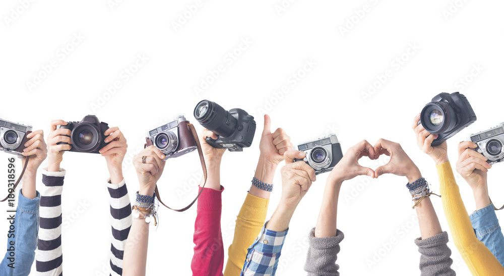 Different color hands holding  Cameras - obrazy, fototapety, plakaty 