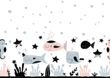 Card With Empty Space For Lettering With Underwater Creatures, Stars And Sea Bottom. Vector Illustration In Scandinavian Style. Can Be Used As Poster, Banner, Notebook, Scrapbook Paper