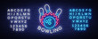 Bowling logo vector. Neon sign, symbol, bright banner advertising bright night bowling, luminous neon billboard. Design template for the Bowling Club logo. Vector illustration. Editing text neon sign