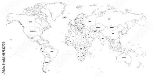 Fototapeta na szkło Black outline map of World. Simple vector illustration.