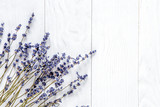 Fototapeta Lawenda - lavender desk design with flowers on white background top view m