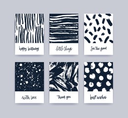 Poster - Collection of card templates decorated with hand drawn textures with paint stains, traces and handwritten wishes in black and white colors. Monochrome vector illustration for flyer, thank you note.
