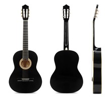 Black Classical Guitar Front, Back And Side View Isolated On White Background.