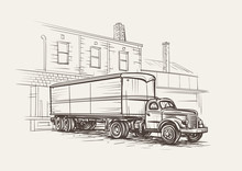 Retro Truck Semitrailer At Loading Dock Hand Drawn Illustration. Vector.