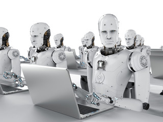 robots work on laptop