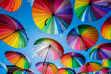 Colorful Umbrellas Background. The Sky Of Colorful Umbrellas