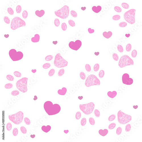 Pink paw print with hearts background Stock Illustration