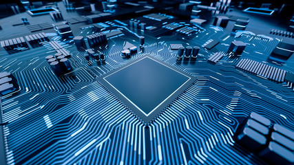 CPU chip on Motherboard - abstract 3D render of a processor computer chip on a cicuit board with microchips and other computer parts