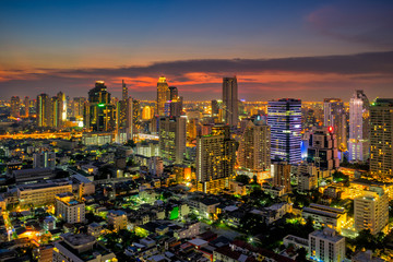 Wall Mural - sunset scence of bangkok skyline panorama and skyscraper