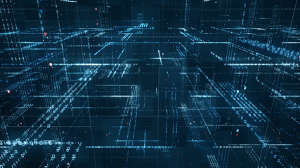 Leinwandbilder - Digital binary code matrix background - 3D rendering of a scientific technology data binary code network conveying connectivity, complexity and data flood of modern digital age