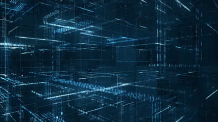 Leinwandbilder - Digital binary code matrix background - 3D rendering of a scientific technology data binary code network conveying connectivity, complexity and data flood of modern digital age
