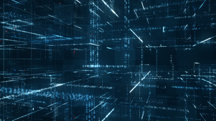 Leinwandbilder - Digital binary code matrix background - 3D rendering of a scientific technology data binary code network conveying connectivity, complexity and data flood of modern digital age