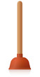 Toilet plunger with orange red rubber pump and wooden handle - domestic housework tool to unblock clogged sink and wc - isolated 3d vector illustration on white background.