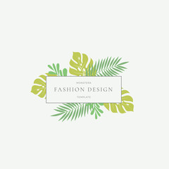 Wall Mural - Monstera Tropical Leaves Fashion Sign or Logo Template. Abstract Green Foliage with Rectangle Border and Classy Typography. Pastel Colors.