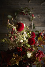 Autumn Bouquet Of Red Dahlias, Crabapples, Hydrangea, Coxcomb
