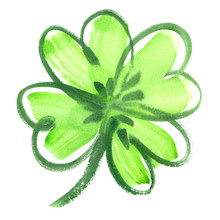 Bright Green Four Leaf Shamrock Clover Painted In Watercolor On Clean White Background