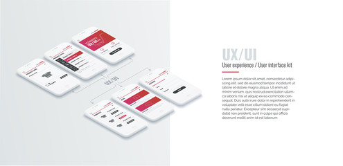 Poster - A conceptual mobile phones with a mobile app pagese. User experience, user interface in e-commerce. Website wireframe for mobile apps. Banner for web and printing