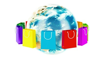 Poster - shopping bags rotation around earth globe. online shopping concept. 3d rendering