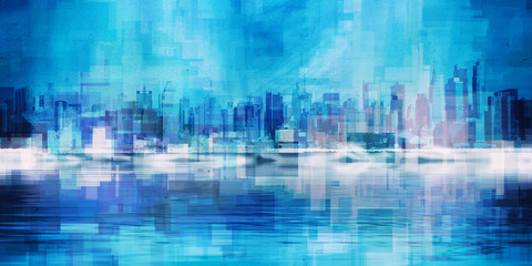 Plakat drapacz nowoczesny molo panorama miejski