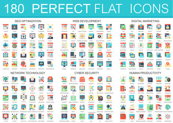 Poster - 180 vector complex flat icons concept symbols of seo optimization, web development, digital marketing, network technology, cyber security, human productivity. Web infographic icon design.