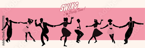Plakaty Swing  swing-party-time-sylwetki-czterech-mlodych-par-w-ubraniach-retro-tanczacych-na-hustawce-lub