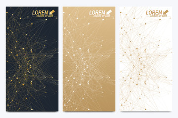 Fototapete - Modern golden set of vector flyers. Modern stylish polygonal pattern with connected line and dots. Molecule and communication background for medicine, science, technology, chemistry.