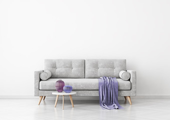 Aufkleber - Living room interior with grey velvet sofa, violet plaid, vases and coffee table on empty white wall background. 3D rendering.