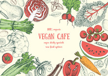 Healthy Food Frame Vector Illustration. Vegetables Sketch Set. Organic Products Set. Farm Market Food Collection. Vegan Food.