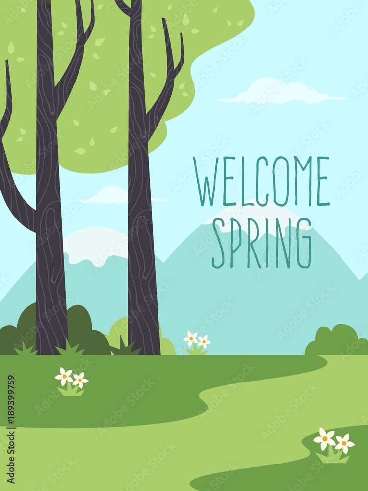 Welcome Spring Virtual Background Welcome Spring. Background with Trees and Text. Flat Design Style ...