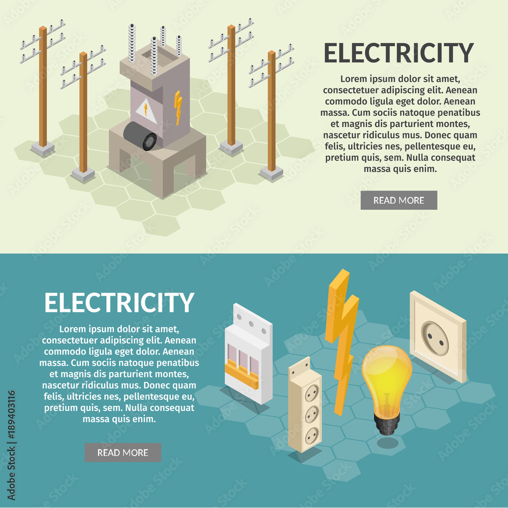 Electricity isometric elements of transformer, bulb, socket, extension ...