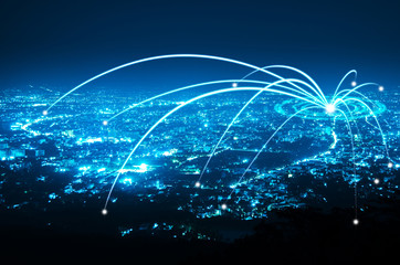 Poster - abstract line connection on night city background