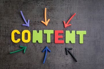 Poster - Important of content in advertising and communication concept, colorful arrows pointing to the word CONTENT at the center on black cement wall, creativity of using content on website and social media