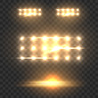 Set yellow glow stadium light lens effect sparkles on transparent background. Vector illustration.