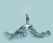Businessman, traveler or man standing on peak mountain. Sketch vector illustration