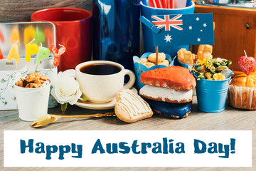 Celebrate Australia Day holiday on January 26 . Happy Australia Day message greeting card. patriotic breakfast 