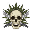 Human skull with two crossed machetes and marijuana leaf in hand drawn style. Rastaman skull with cannabis leafs.