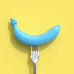 Wall Mural - Blue banana on a fork on yellow background. creative idea concept.