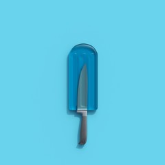 Wall Mural - knife in blue an ice cream on blue background. minimal creative idea.