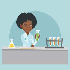 Wall Mural - Young african-american laboratory assistant working with a test tube and taking some notes. Female laboratory assistant analyzing liquid in a test tube. Vector cartoon illustration. Square layout.