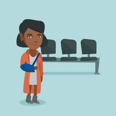 Poster - Injured african-american woman wearing an arm brace because of broken arm. Full length of a young woman with broken arm in a bandage. Vector cartoon illustration. Square layout.