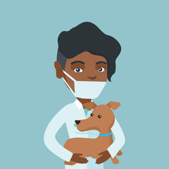 Canvas Print - Young african-american veterinarian doctor in medical mask and gown holding a dog. Veterinarian doctor examining a dog. Medicine and pet care concept. Vector cartoon illustration. Square layout.