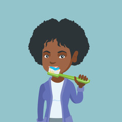 Poster - Young smiling african-american woman brushing her teeth. Cheerful woman taking care of her teeth. Happy girl with a toothbrush in hand. Vector cartoon illustration. Square layout.