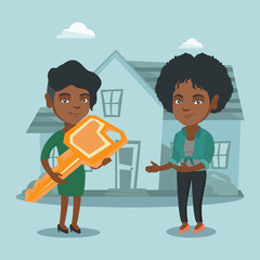 Poster - Young african real estate agent giving key to a new house owner. Real estate agent passing house key to a cheerful client. Happy woman buying a new house. Vector cartoon illustration. Square layout.