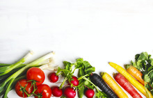 Fresh Vegetables Ingredients White Background, Vegetarian Food And Diet Nutrition Concept.