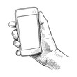 © teploleta - Hand holding mobile phone, sketch vector illustration